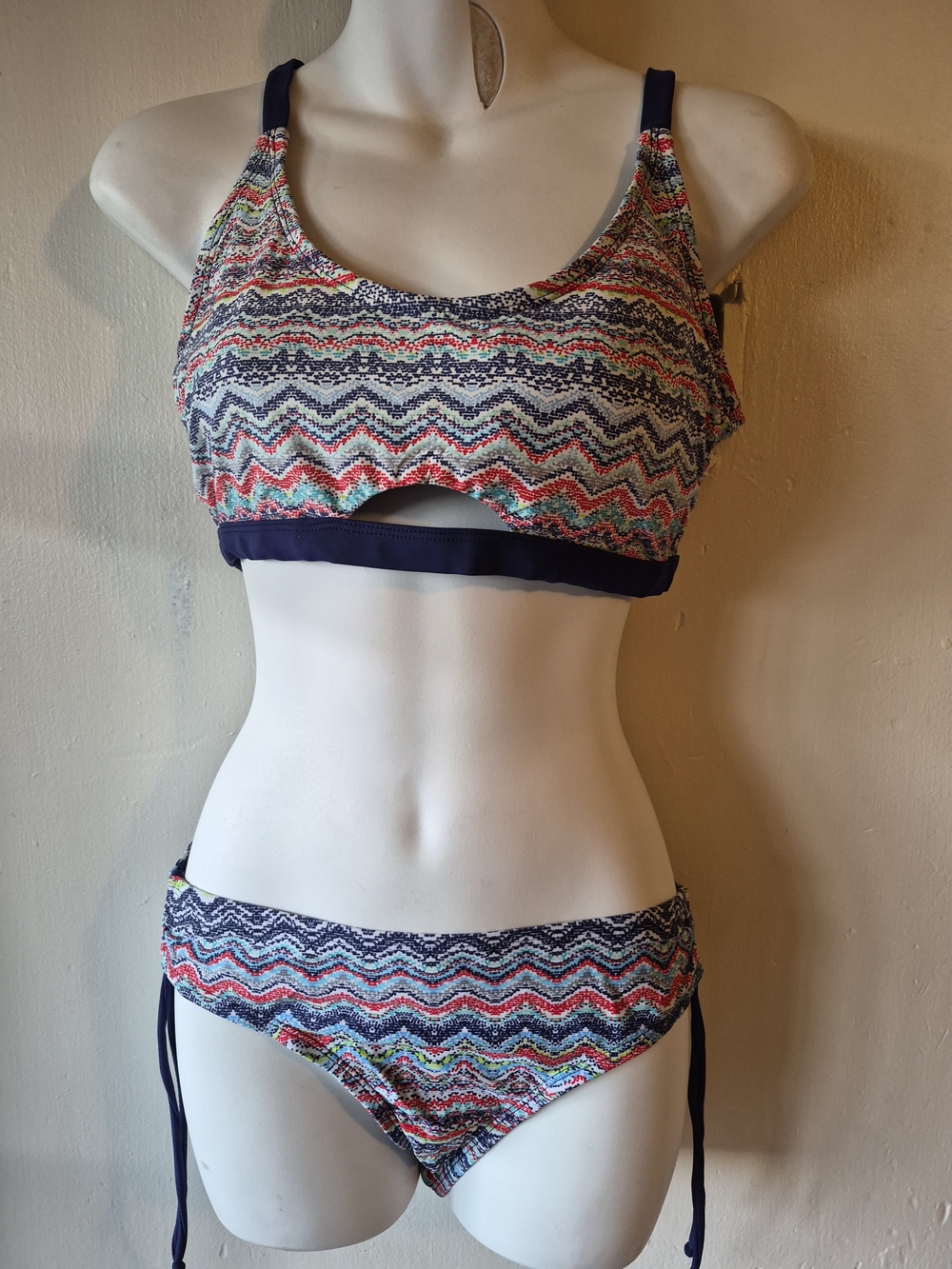 VISSLA Multicolor Zigzag Bikini with Navy Trim